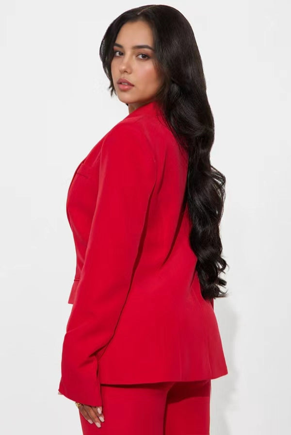 Daily Solid Color Slit Pants Turn-back Collar Long Sleeve Two Pieces