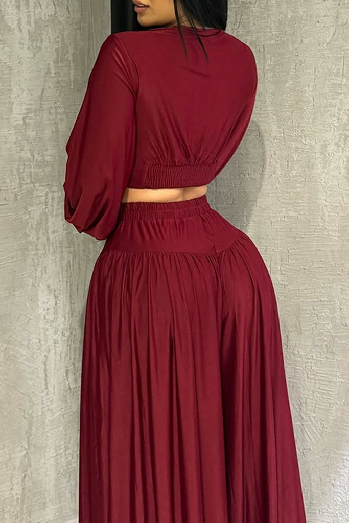 Casual Daily Solid Color Ruched V Neck Long Sleeve Two Pieces