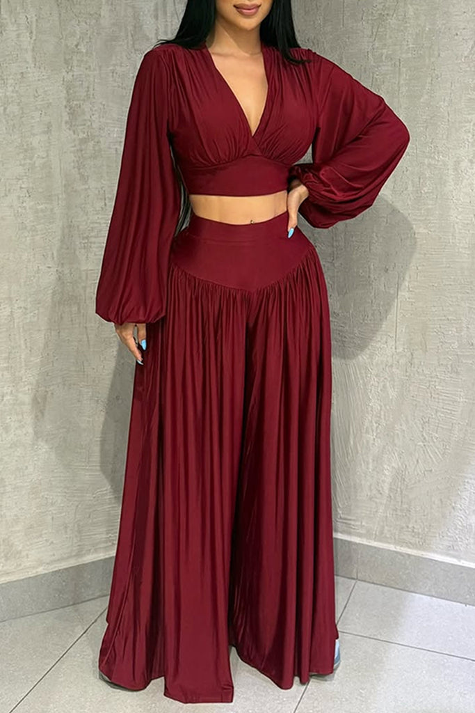 Casual Daily Solid Color Ruched V Neck Long Sleeve Two Pieces