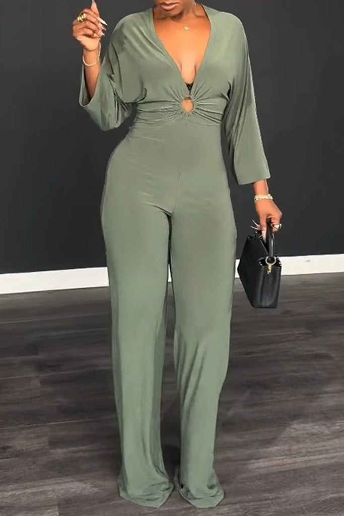 Casual Daily Solid Color Hollow Out Deep V Neck Regular Jumpsuits