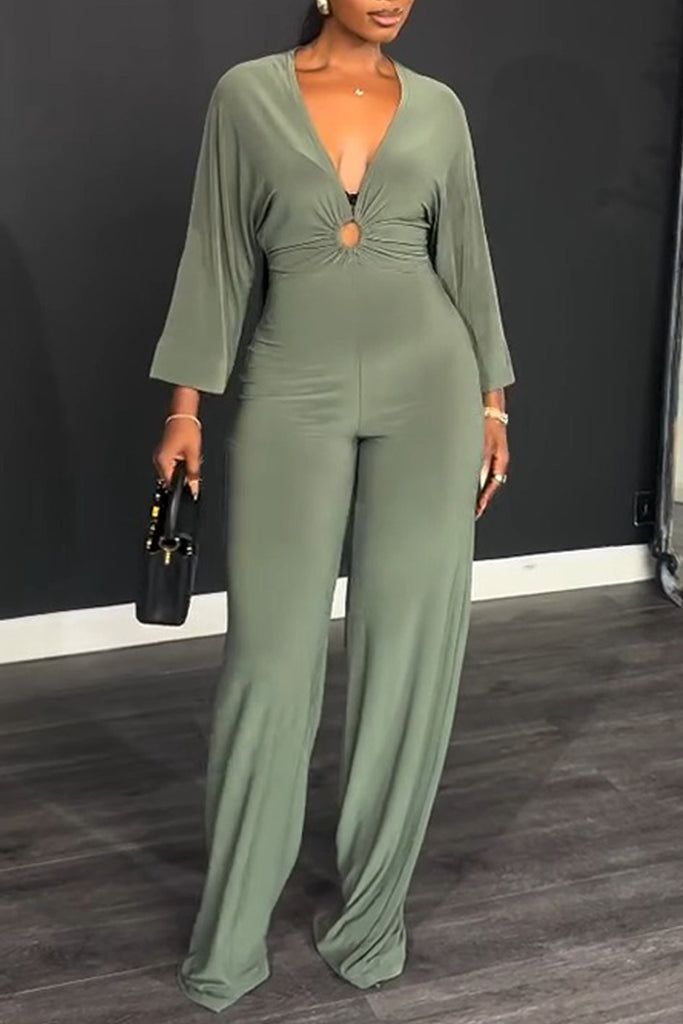 Casual Daily Solid Color Hollow Out Deep V Neck Regular Jumpsuits