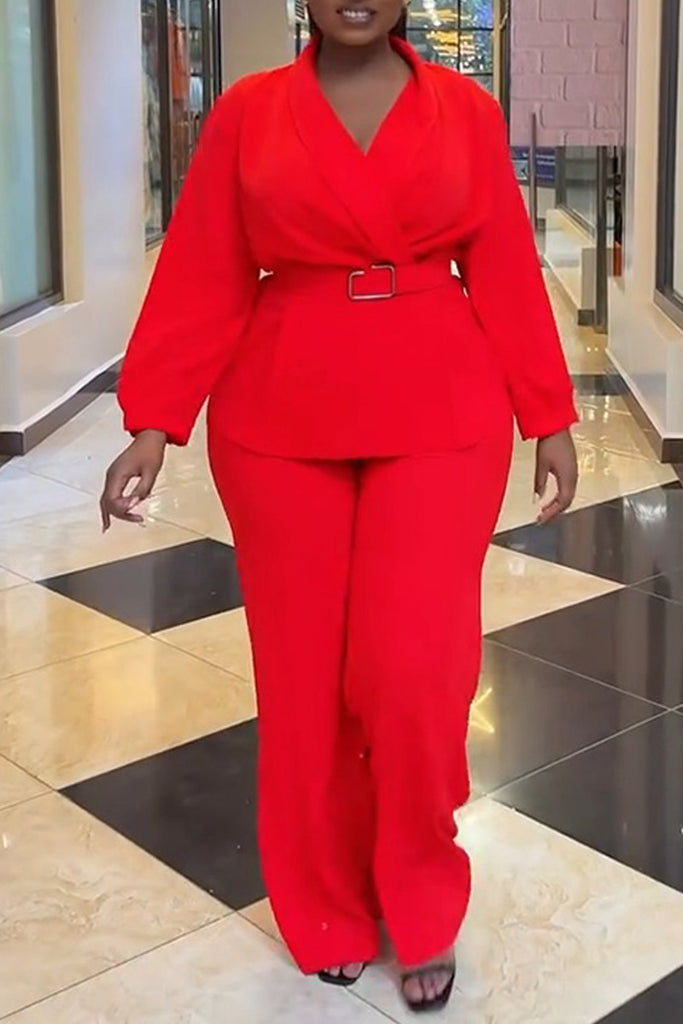 Daily Solid Color With Belt Turn-back Collar Long Sleeve Two Pieces