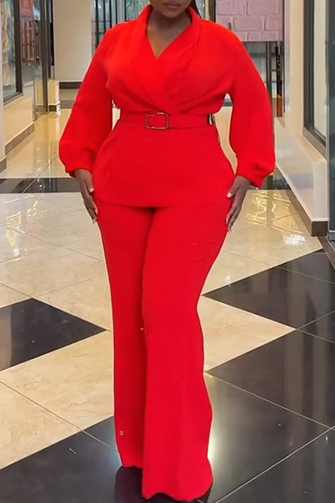 Daily Solid Color With Belt Turn-back Collar Long Sleeve Two Pieces