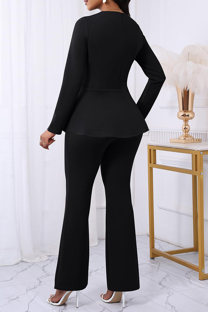 Daily Solid Color Buttons Square Neck Long Sleeve Two Pieces