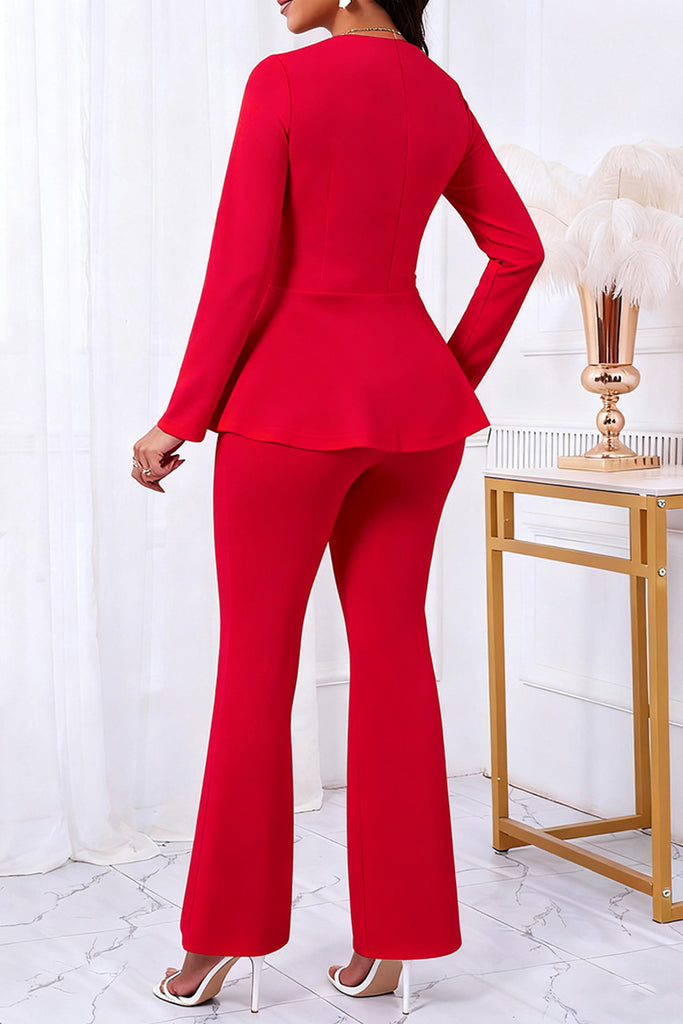 Daily Solid Color Buttons Square Neck Long Sleeve Two Pieces