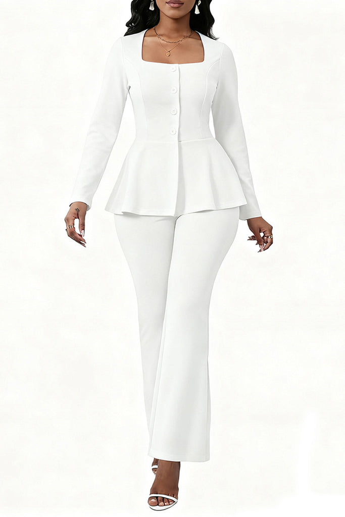 Daily Solid Color Buttons Square Neck Long Sleeve Two Pieces