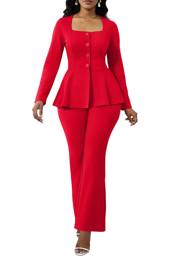 Daily Solid Color Buttons Square Neck Long Sleeve Two Pieces