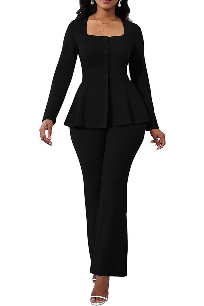Daily Solid Color Buttons Square Neck Long Sleeve Two Pieces