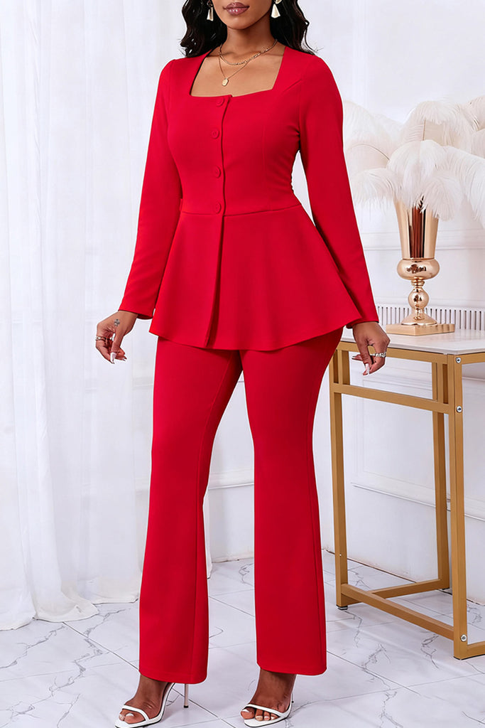 Daily Solid Color Buttons Square Neck Long Sleeve Two Pieces