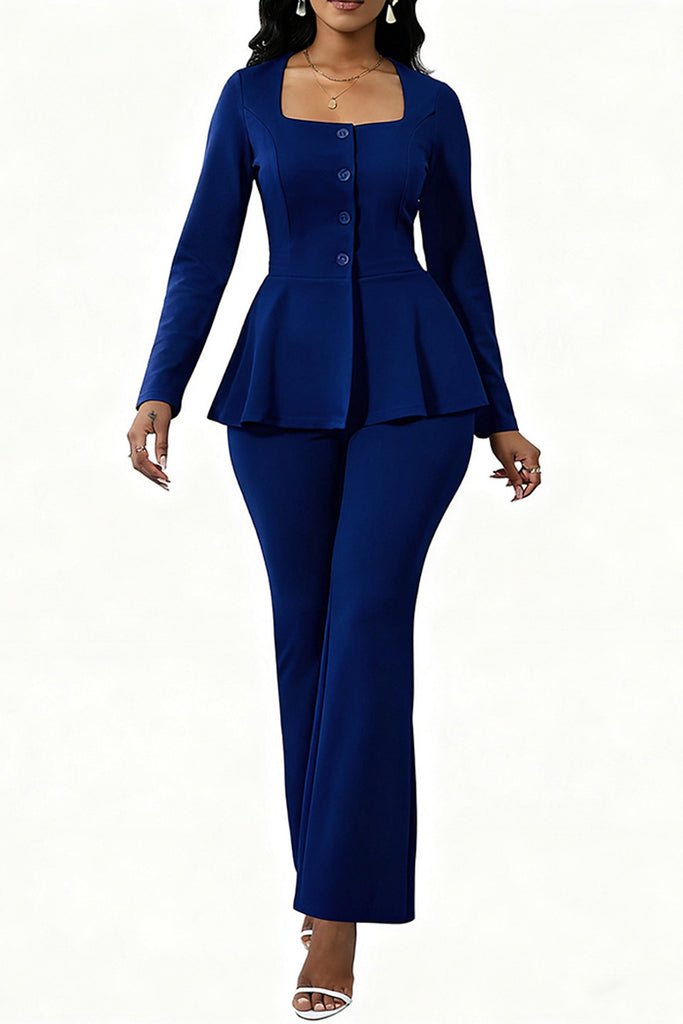 Daily Solid Color Buttons Square Neck Long Sleeve Two Pieces