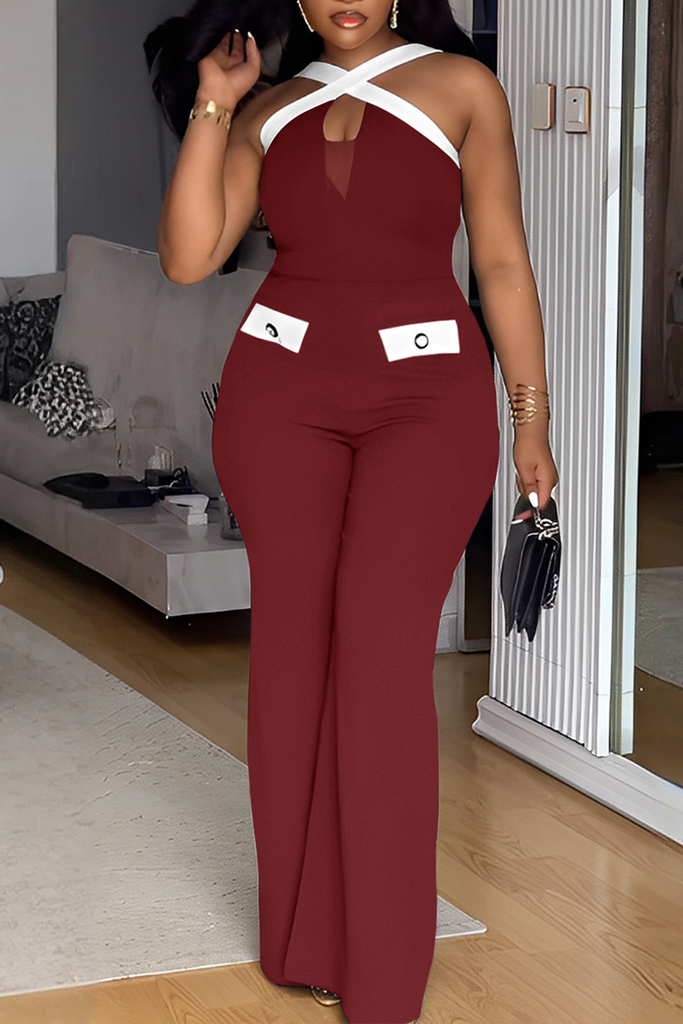 Sexy Patchwork Backless Contrast V Neck Bodycon Jumpsuits