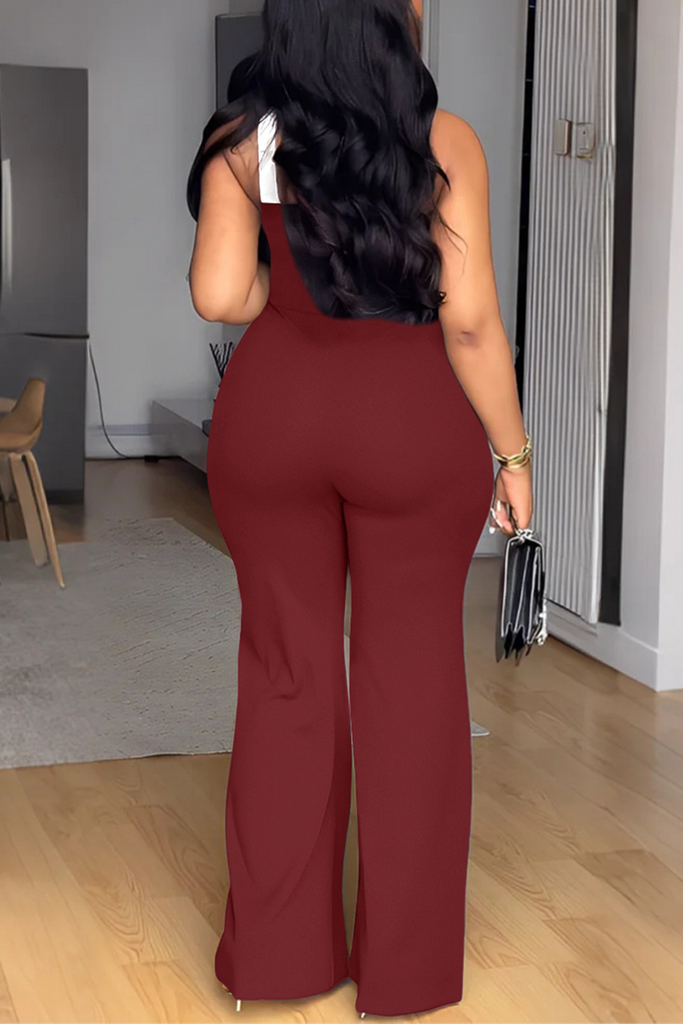 Sexy Patchwork Backless Contrast V Neck Bodycon Jumpsuits