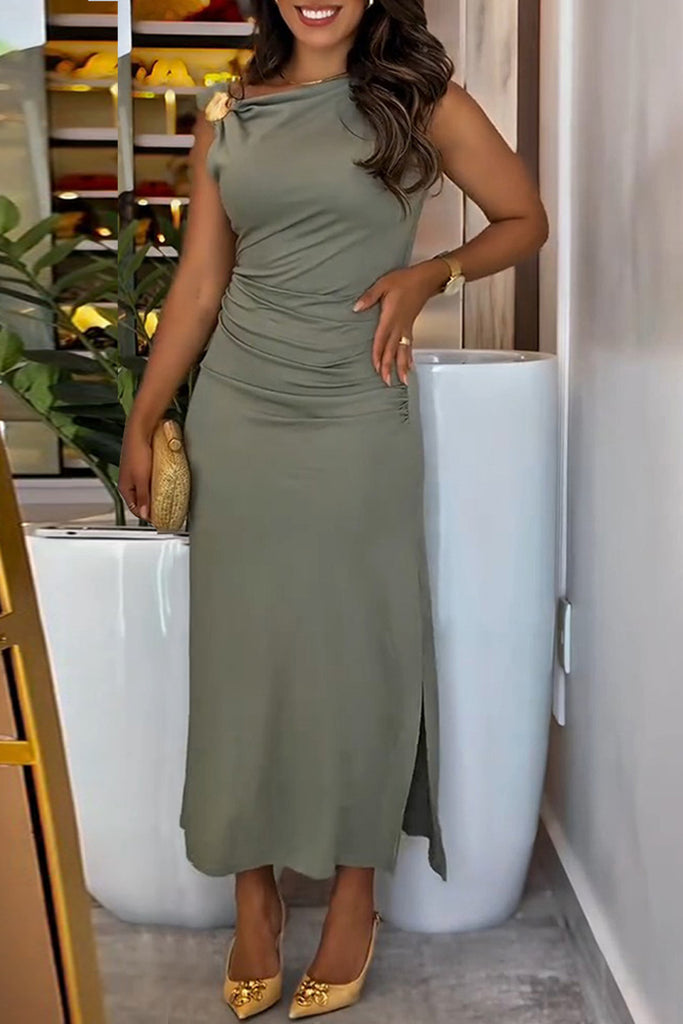 Elegant Solid Color Metal Accessories Trim Slit Ruched Oblique Collar Long Dresses
