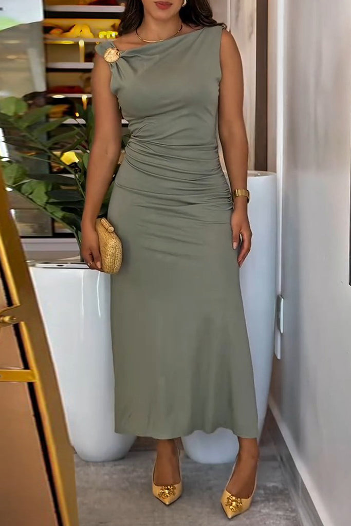 Elegant Solid Color Metal Accessories Trim Slit Ruched Oblique Collar Long Dresses