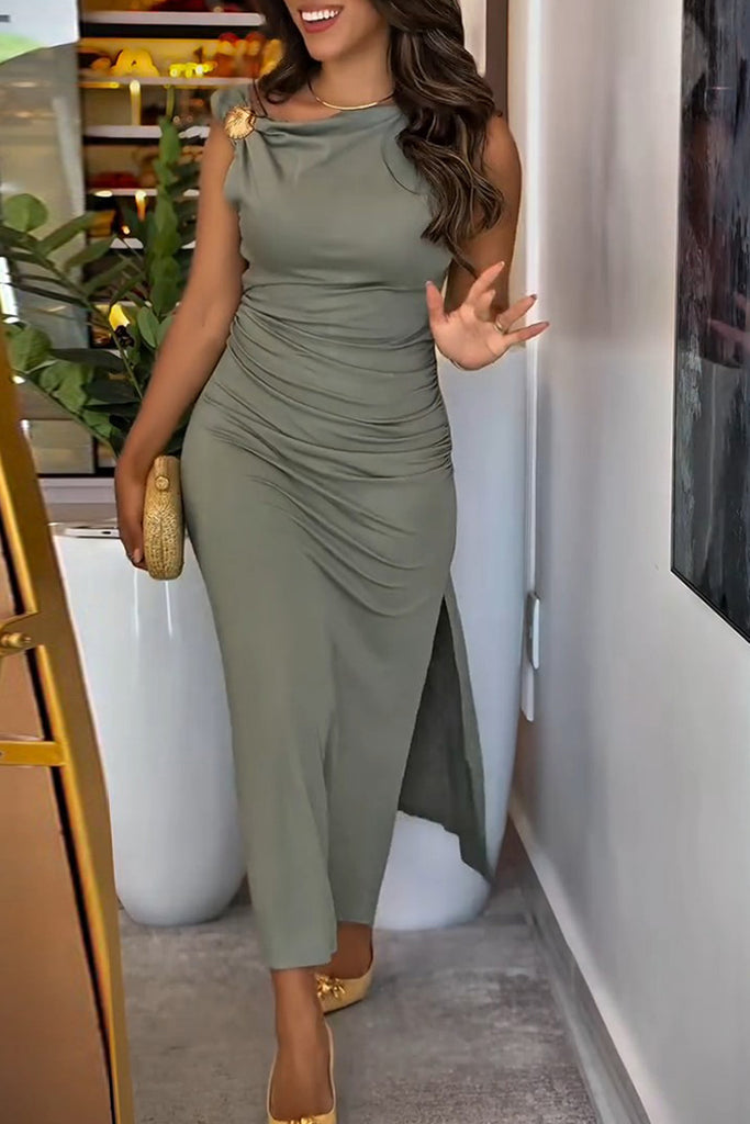 Elegant Solid Color Metal Accessories Trim Slit Ruched Oblique Collar Long Dresses