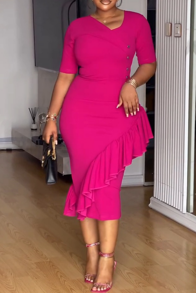 Casual Elegant Solid Color Ruffle Asymmetric Collar Long Dresses