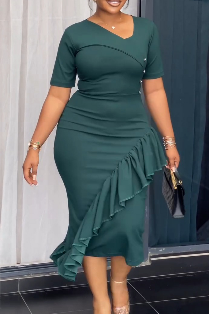 Casual Elegant Solid Color Ruffle Asymmetric Collar Long Dresses