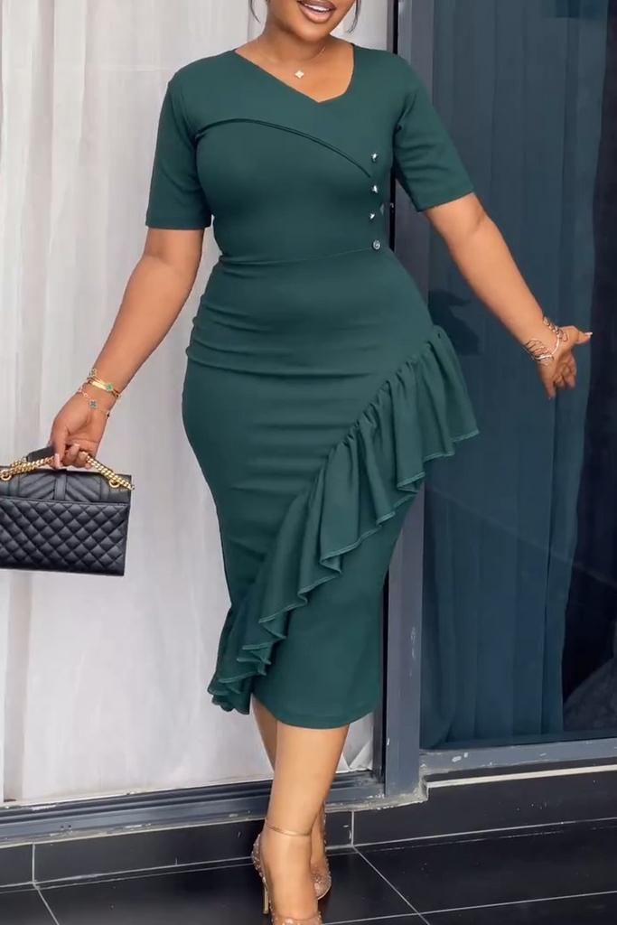 Casual Elegant Solid Color Ruffle Asymmetric Collar Long Dresses