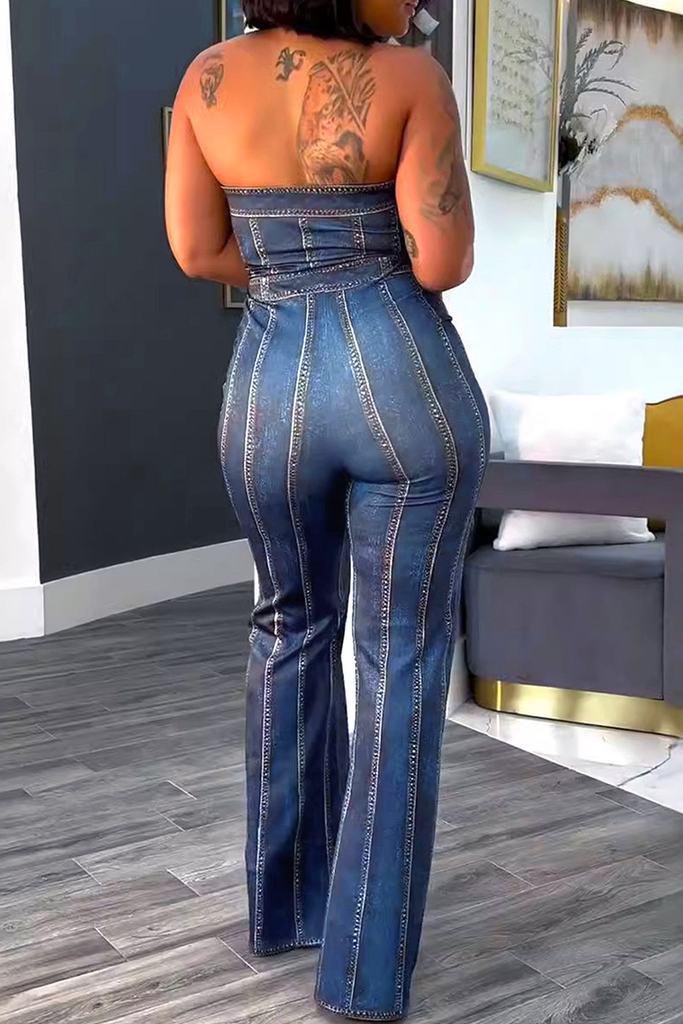 Daily Faux Denim Print Zipper Strapless Straight Jumpsuits