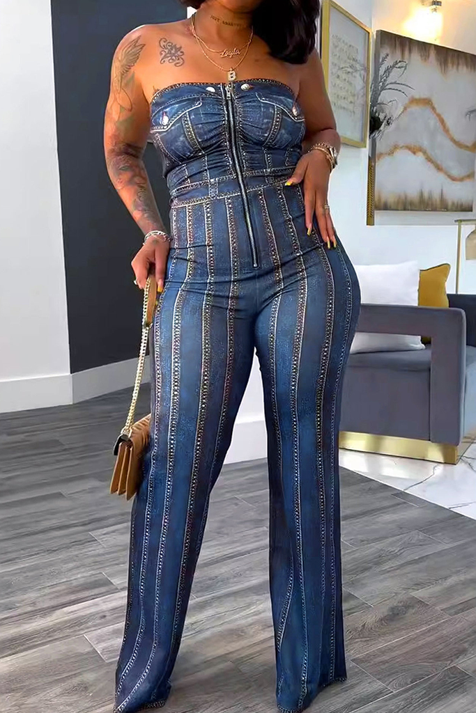 Daily Faux Denim Print Zipper Strapless Straight Jumpsuits