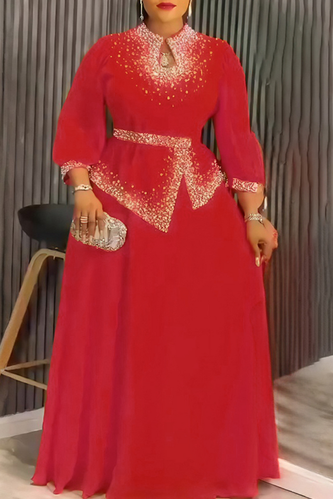 Elegant Solid Color Hot Drill O Neck Long Plus Size Dresses