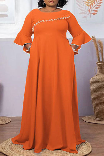 Vintage O Neck Flared Sleeve Solid Party Maxi Dress