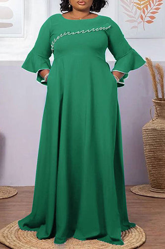 Vintage O Neck Flared Sleeve Solid Party Maxi Dress