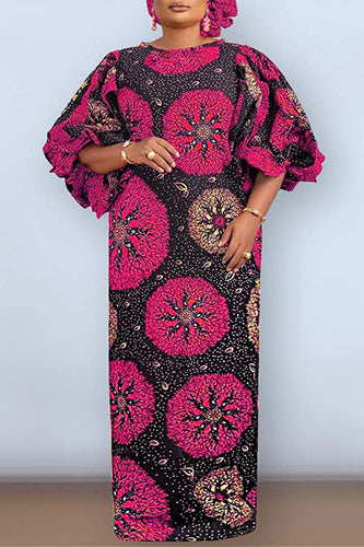 Elegant Floral Printed Vestidos Half Lantern Sleeve Maxi Dress