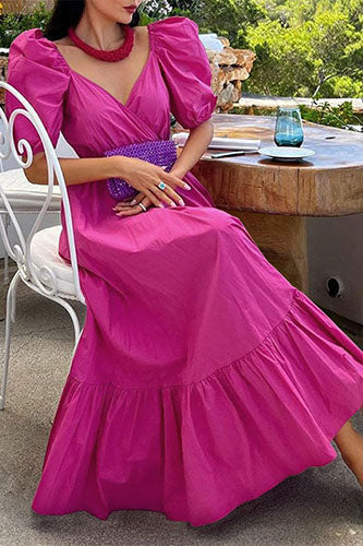 Vintage V-neck Swing Sundress Puff Sleeve Party Maxi Dress