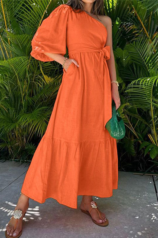 Elegant Solid Color One Shoulder Sundress Casual Maxi Dress