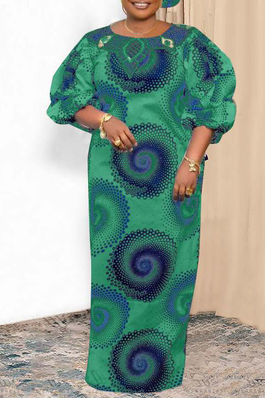 Vintage Long Lantern Sleeve Printed Sundress Casual Loose Party Maxi Dress