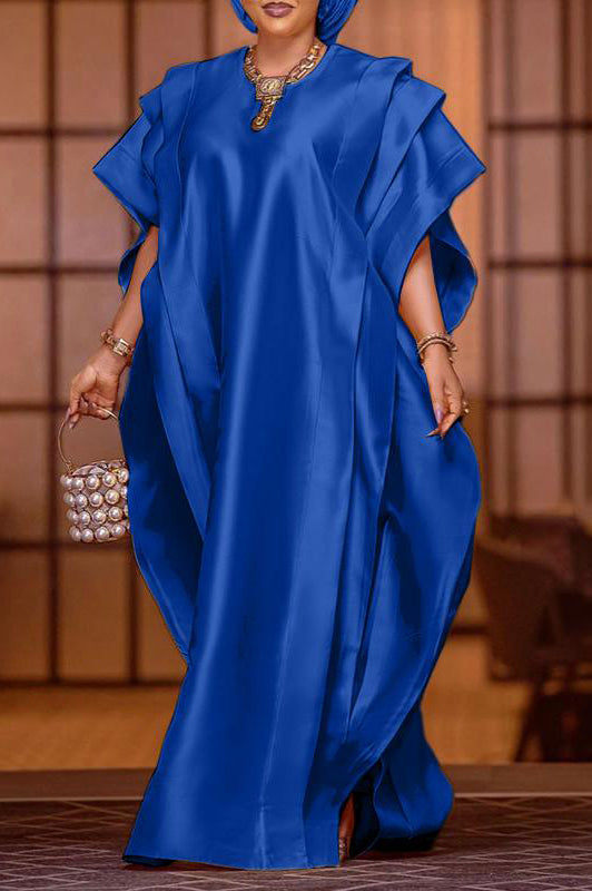 Elegant Short Sleeve Ruffled Satin Silk Party Maxi Dress