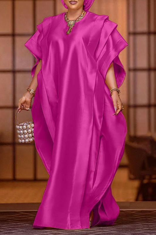 Elegant Short Sleeve Ruffled Satin Silk Party Maxi Dress