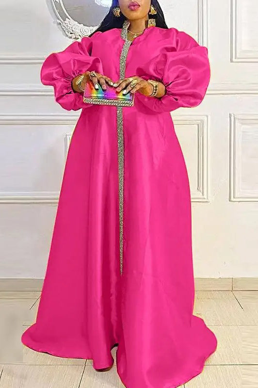 Elegant Long Lantern Sleeve Sexy V-neck Satin Patchwork Party Plus Size Maxi Dress