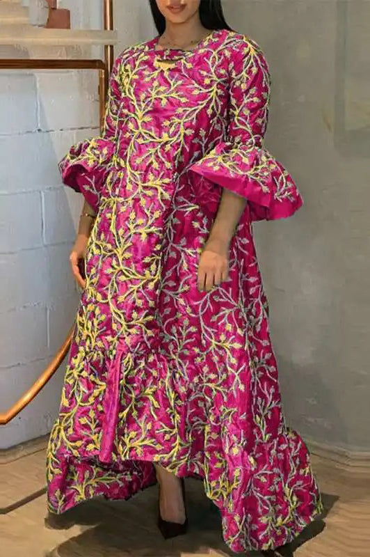 Elegant Floral Printed V-Neck Loose Ruffled Casual Maxi Dress