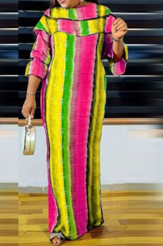 Elegant Printed Long Sleeve uffled Fashion Loose Casual Plus Size Maxi Dress