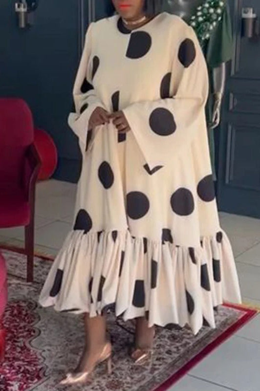 Elegant Polka Dot Printed Casual Loose Ruffled Plus Size Maxi Dress