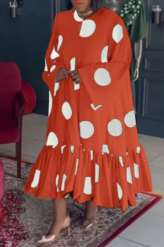 Elegant Polka Dot Printed Casual Loose Ruffled Plus Size Maxi Dress