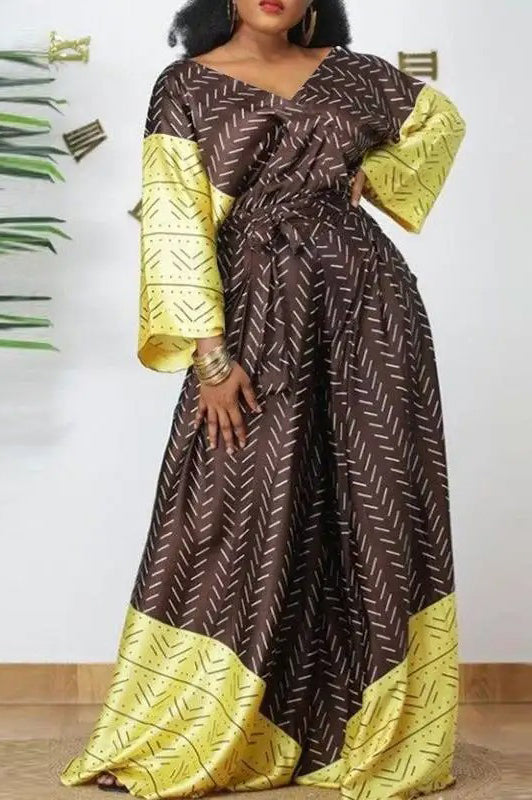 Elegant V Neck Long Sleeve Vintage Patchwork Printed Loose Maxi Dress