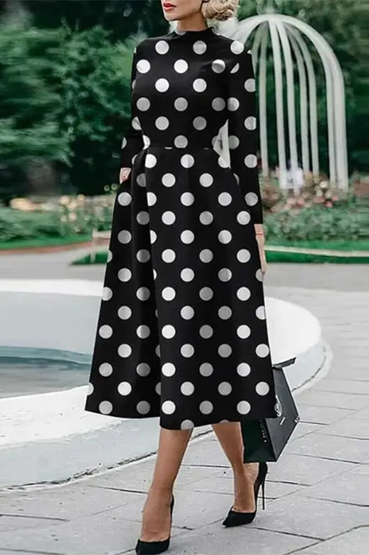Elegant Dot Point Printed Stand Collar Long Sleeve Party Dress