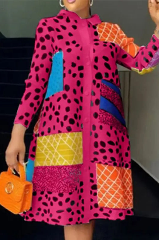 Vintage Plus Size Lapel Long Sleeve Leopard Printed Shirt Fashion Buttons Knee-Length Dress