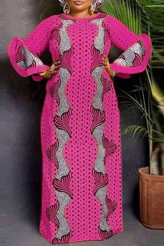 Vintage Printed Long Flare Sleeve Loose Party Mixi Dress