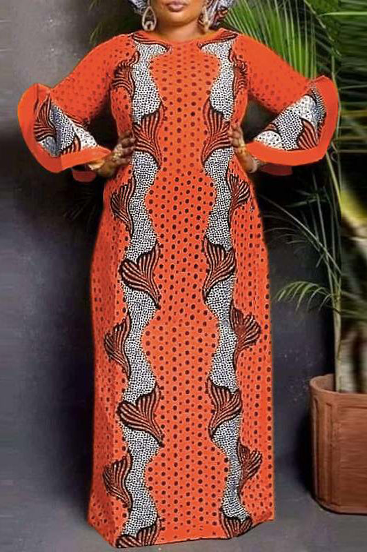 Vintage Printed Long Flare Sleeve Loose Party Mixi Dress