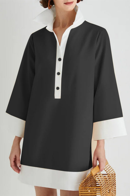 Casual Turn-down Collar 3/4 Flare Sleeve Casual Loose Patchwork Mini Dress