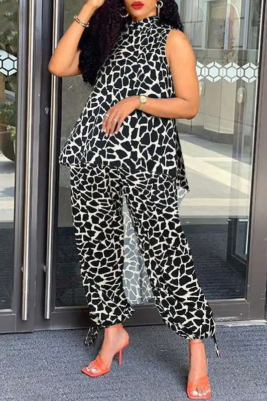 Leopard Printed Pants Stand Collar Sleeveless Asymmetric Plus Size Two Pieces