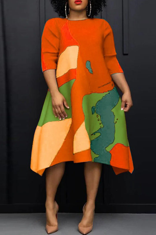 Vintage Half Sleeve Asymmetrical Loose Casual Printed Plus Size Midi Dress