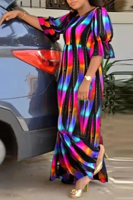 Casual Vintage Half Puff Sleeve Oversized Printed Plus Size Maxi Dress