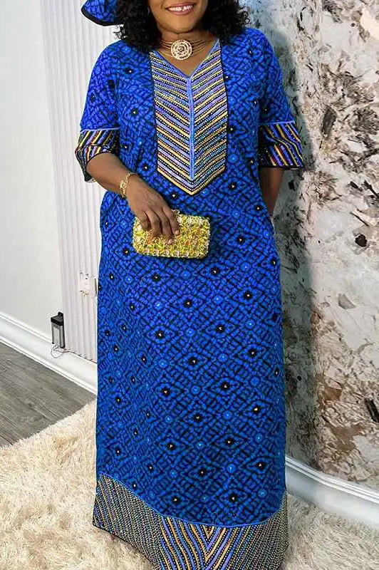 Vintage Plus Size V-Neck Casual Printed Half Sleeve Maxi Dress