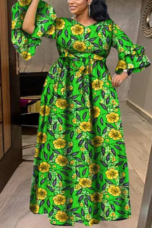 Vintage Plus Size Floral Printed Sexy V-Neck Long Sleeve Ruffled Maxi Dress