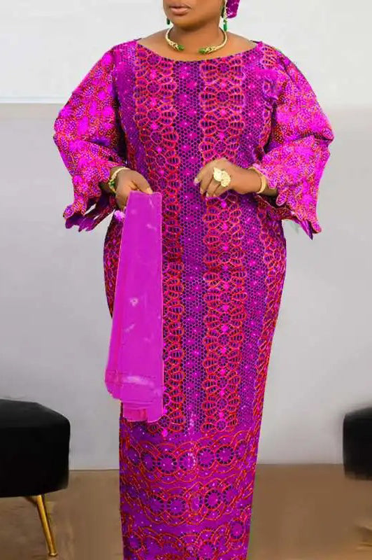 Vintage Plus Size Printed Long Flare Sleeve Party Maxi Dress